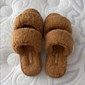 Michael Kors Camel Brown Faux Shearling Double Strap Slides
